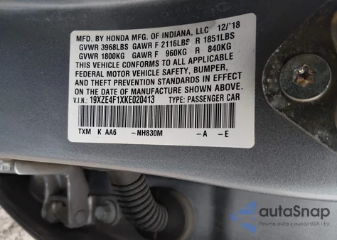 2019 Honda Insight Lx из США, поврежденный, VIN 19XZE4F1XKE020413